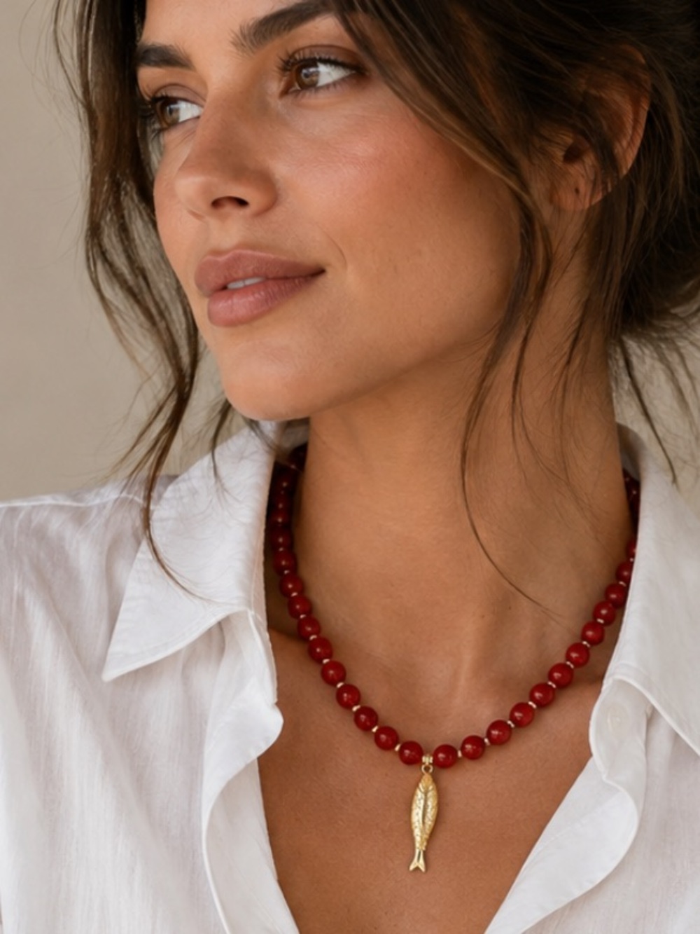 New! Red Beaded Gold Fish Necklace NWOT